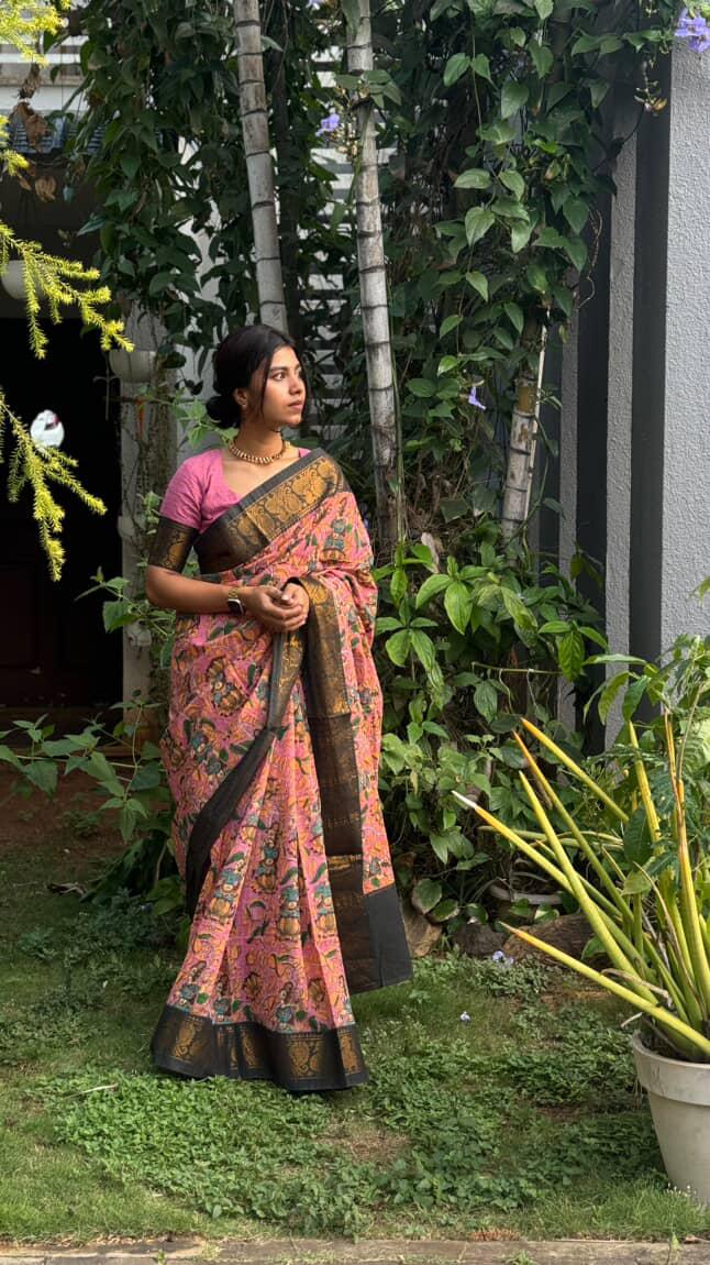 Temple Tales – Kalamkari Printed Sungudi Cotton Saree
