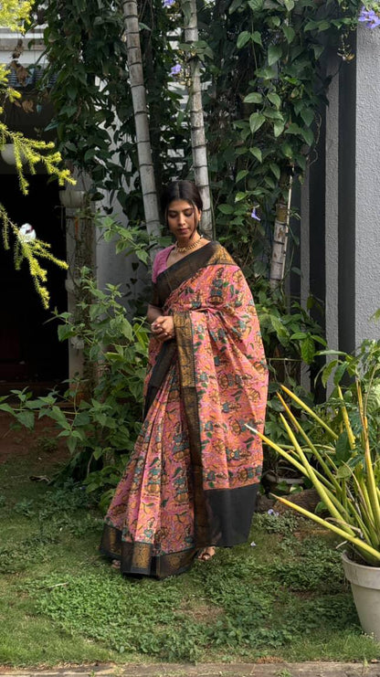 Temple Tales – Kalamkari Printed Sungudi Cotton Saree