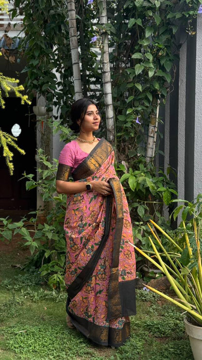 Temple Tales – Kalamkari Printed Sungudi Cotton Saree